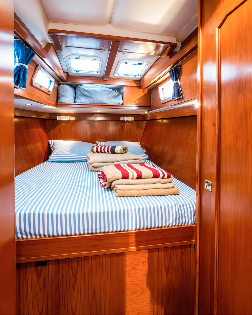 Bedroom of a sailboat with wooden walls and a bed with striped bedding.
